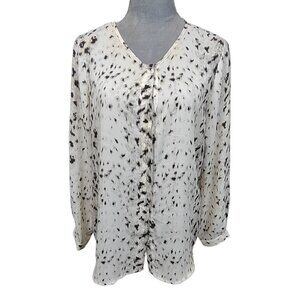 Violet + Claire Womens Large Animal Print Blouse Cream Brown Hidden Button Top